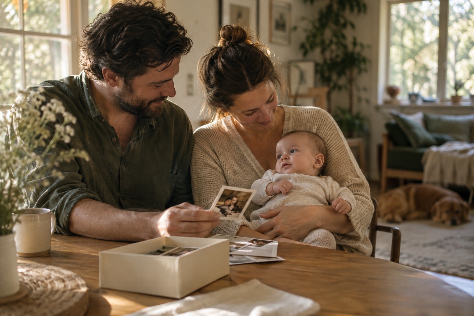 Two parents holding their baby while looking through family photographs at a sunlit table