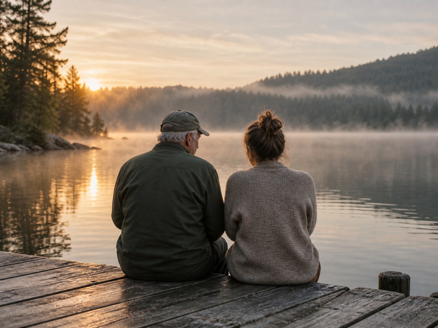 Two adults sitting together on a wooden dock beside a calm lake at sunrise